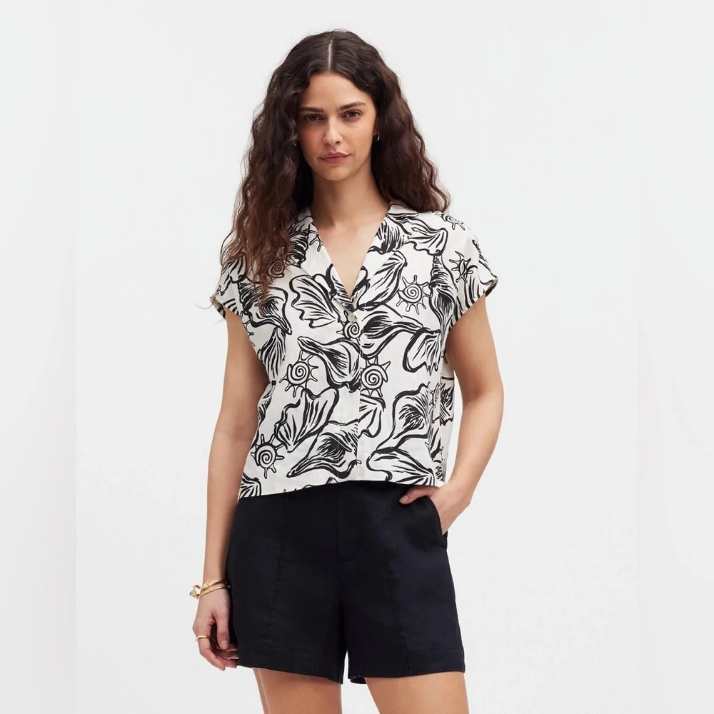 MADEWELL Boxy Cap-Sleeve Shirt in 100% Linen Lighthouse Shell Print Size XS - Picture 1 of 8